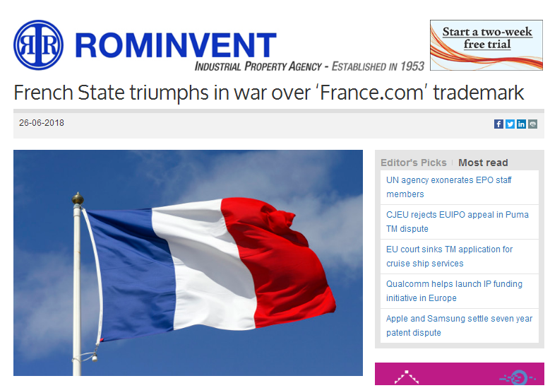 France.com域名、商标都想要 法国政府“耍流氓”